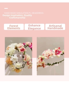 Detail of handmade floral headband with pink silk ribbons and adjustable fabric flowers