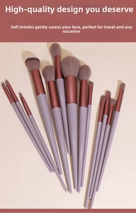 Detailed overhead view of a 13-piece makeup brush set with purple handles and copper ferrules