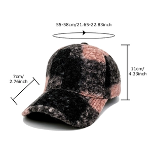 Pink and black checkered faux teddy fleece baseball cap with dimensions for men and women