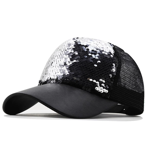 Detail of sequins baseball cap with black breathable mesh and adjustable closure