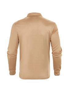 Detail shot of breathable honeycomb mesh fabric on a khaki long sleeve polo shirt