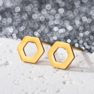 Detail view of 18K gold plated hexagonal earrings with brushed metal matte texture