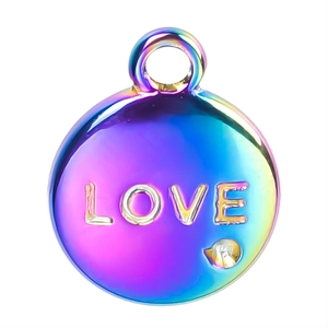 Macro shot of circular rainbow stainless steel pendant with LOVE engraving and small diamond