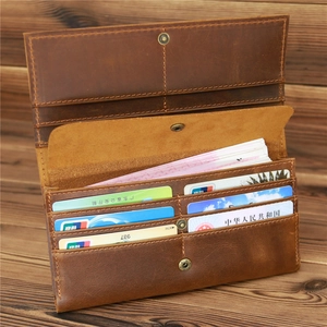 Vintage dark brown crazy horse leather long wallet for men with multiple card slots
