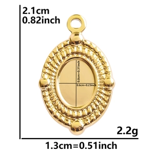 18k vergoldeter 304 Edelstahl Oval Anhänger mit detaillierten Maßen und technischen Daten