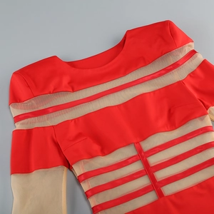 Detail of red mesh patchwork on slim long-sleeve dress with satin ribbon stripes