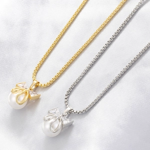 Elegant Ribbon Bow Pendant Necklace For Women Copper Inlaid Zircon Imitation Artificial Pearl Clavicle Chain Accessory