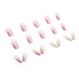 Rainbow gradient iridescent long coffin press-on nails with 24 pieces set in a box
