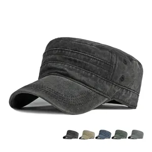 Flat top military cap in washed cotton canvas with breathable holes and multiple color options
