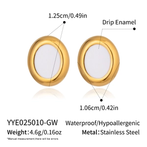 Detailed size and specs for gold-rimmed white enamel oval stainless steel stud earrings