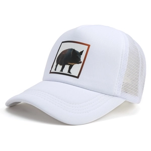 White trucker hat with a wild boar patch and breathable mesh back in a 45-degree side view