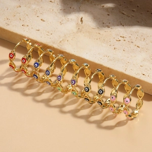 Golden Evil Eye hoop earrings with colorful enamel charms in various vivid shades