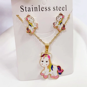 Cute unicorn jewelry set with necklace and stud earrings in gold-plated stainless steel