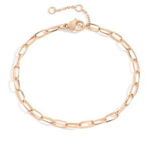 Minimalist rose gold stainless steel link bracelet with lobster clasp on white background
