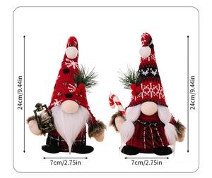 Detailed view of red and black Christmas gnomes with size specifications 24cm by 7cm