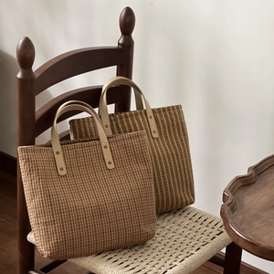 Vintage Plaid Canvas Tote Bag With PU Leather Handles Rivet Reinforced Zipper Small Handbag Retro Cotton Fabric Literary Style