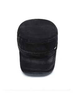Top view of a black washed denim flat top military cap with vintage metal buckle detail