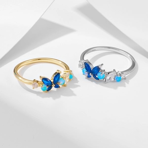 925 Sterling Silver butterfly ring with blue gemstone and colorful opal stones