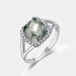 Natural Moss Agate Ring 925 Sterling Silver Cushion Cut Halo Adjustable Open Band Jewelry For Women Vintage Elegant