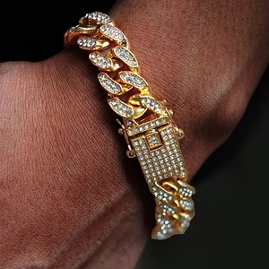 Hip hop style gold Cuban link bracelet with iced out crystals and square buckle clasp
