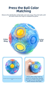 Detail of blue rainbow puzzle ball with colorful spheres and elastic sponge interior