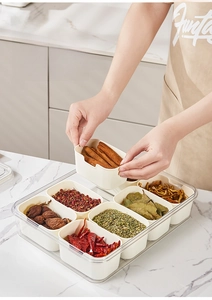 Transparent spice organizer with eight removable cream compartments and sealing lid