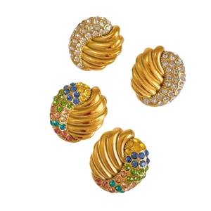 Retro gold alloy hoop earrings with emerald green and clear zircon stones for women