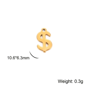 Vue macro du pendentif dollar doré avec dimensions 10,6x6,3mm et détails de poids 0,3g