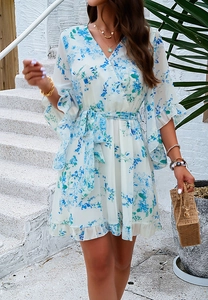 Detailed full view of a floral chiffon dress featuring V-neck and ruffled mid-sleeves