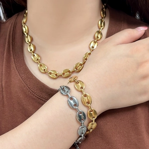 Golden and silver coffee bean link necklace and bracelet set for men and women