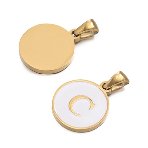 Gold stainless steel round pendant with white enamel letter C charm for DIY jewelry