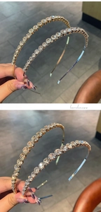 Close-up of sparkling rhinestone headbands in gold and silver thin metal designs