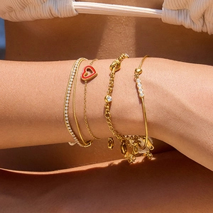 Stainless Steel Heart Knot Bracelet Women Red Enamel Zircon Gold Plated Waterproof Hypoallergenic Jewelry Fashion Style