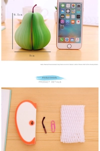 3D creative pear-shaped memo pad detail with fruit slice paper and size dimensions