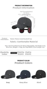 Detailed size chart for winter baseball cap showing adjustable band and earflaps parameters