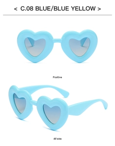 Front and side view of heart-shaped sunglasses in light blue with blue yellow gradient lenses