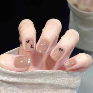 Press On Nails Nude Pink Black Heart French Glitter Short Round Square False Nail Tips Manicure Accessory For Women