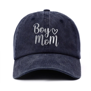 Washed cotton baseball cap in navy blue with Boy Mom embroidery and heart motif