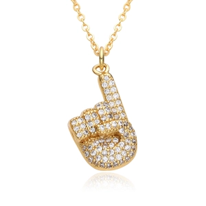 Hip hop gold necklace featuring a finger gesture pendant with white cubic zirconia crystals