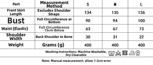 Size chart for ruffle long dress showing length, bust, waist, and shoulder measurements