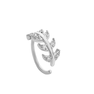 Detailed view of silver leaf-shaped nose ring with sparkling zircons on a white background