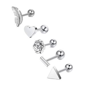 5-piece set of silver stainless steel geometric stud earrings with flower and heart shapes