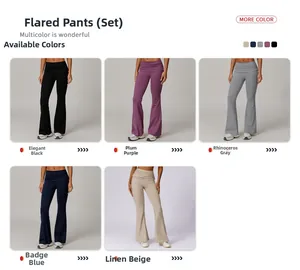 Détail de pantalons de yoga évasés à taille haute avec ceinture pliable en cinq couleurs
