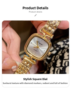 Detail of Dimini square quartz watch with gold metal strap and rhinestone dial markers