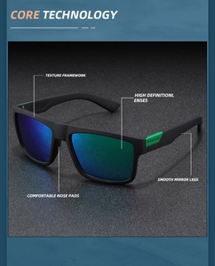 Macro detail of polarized blue-green gradient lenses and matte black sunglasses frame