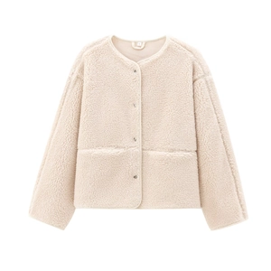 Fashionable beige teddy fleece round neck jacket with buttons and front pockets