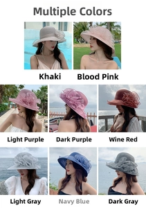 Collage of wide-brim organza flower sun hats in eight vibrant vacation colors
