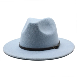 Close-up of light blue wool fedora hat with dark brown leather strap and metal buckle