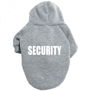 Detail view of grey pet hoodie featuring white SECURITY letter print on knit fabric