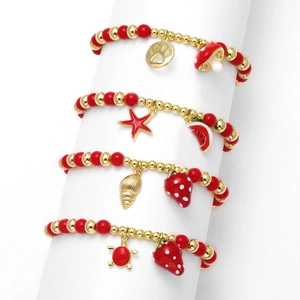 Beaded Bracelet 18K Gold Plated Copper Red Beads Strawberry Mushroom Fruit Charms Elastic Fashion Jewelry For Women
